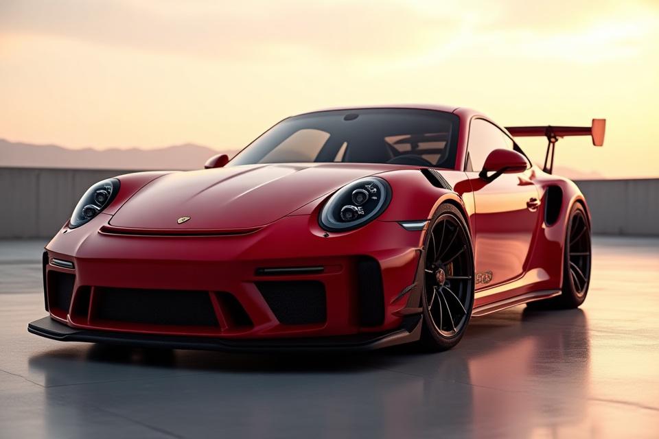 Ein stark modifizierter roter Porsche 911 GT3, bekannt als 'The Crimson Comet', steht elegant und kraftvoll da.